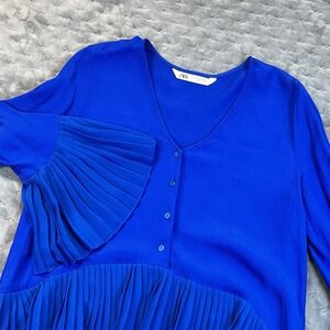 Zara Women's Midi Dress XS Blue 100% Viscose‎ Long Sleeve Midi V-Neck A-Line